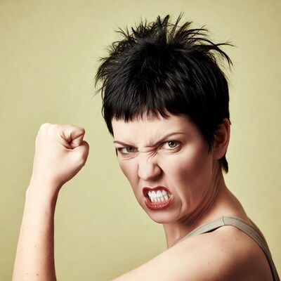 Angry woman with raised fist