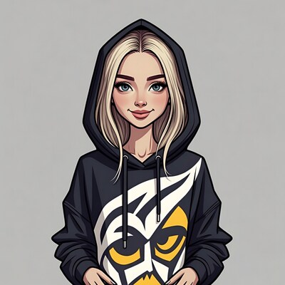 Blonde woman in owl hoodie