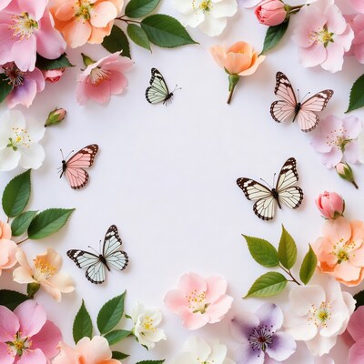 Pink Flowers and Butterflies on White