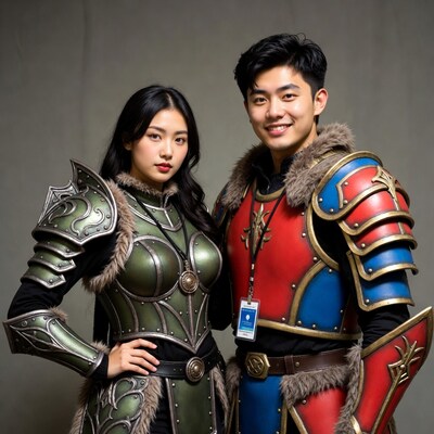 Asian couple in green and red cosplay armor