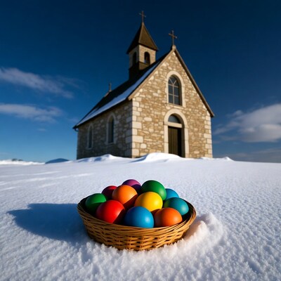 Colorful Easter Eggs Basket Snowy Chapel