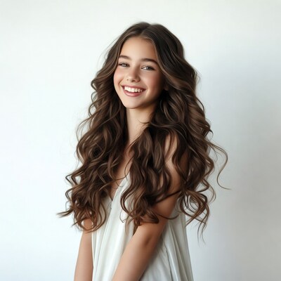 Smiling girl with long wavy brown hair