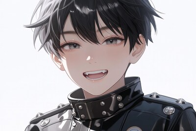 Anime boy smiling in leather jacket