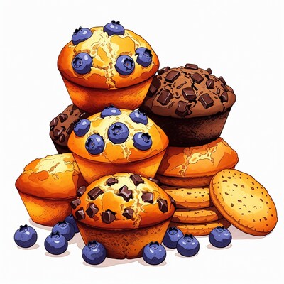 Stack of Blueberry Chocolate Chip Muffins Illustration