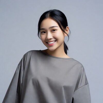 Asian woman smiling in gray sweater