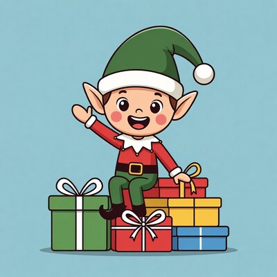 Cartoon Christmas Elf on Gift Stack