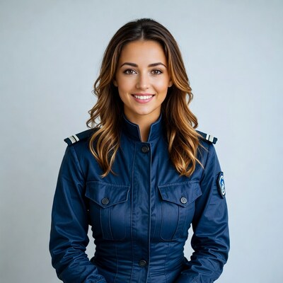 Smiling woman in navy uniform jacket