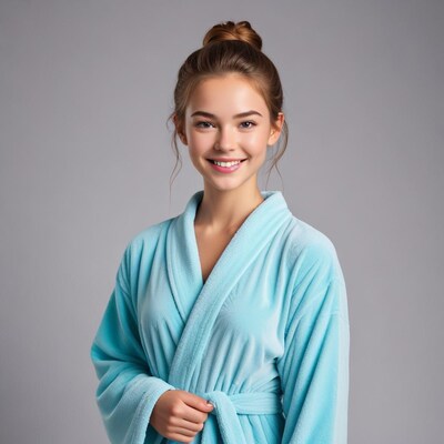 Smiling woman in blue bathrobe