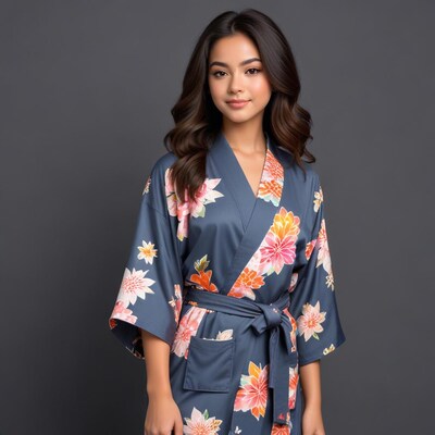Asian woman in floral kimono robe