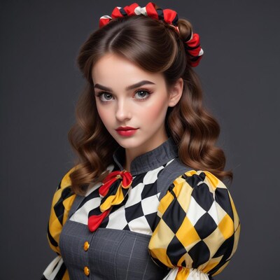 Woman in harlequin dress with headband