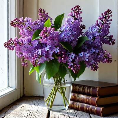 Purple Lilacs in Vase with Books