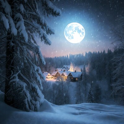 Snowy Village Under Full Moon