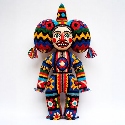 Colorful crocheted jester doll