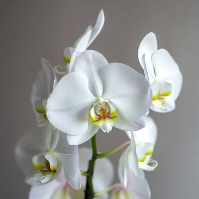 White Phalaenopsis Orchids on Gray Background
