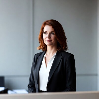 Redhead woman in black blazer at office