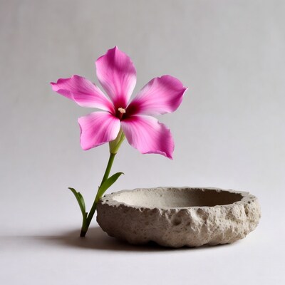 Pink Hibiscus Flower in Gray Stone Bowl