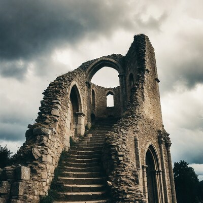 Ruined Gothic Archway with Stone Stairs