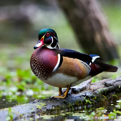 Wood Duck on Log by Water