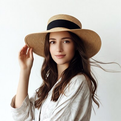 Woman wearing wide-brim straw hat