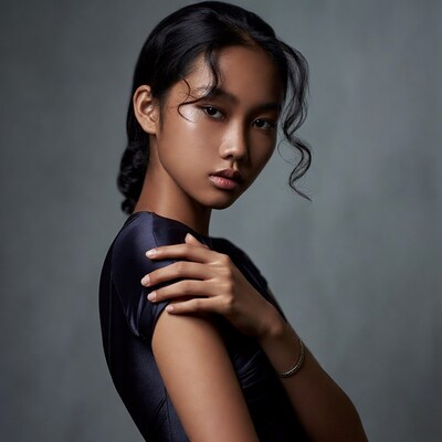 Asian woman in black dress profile