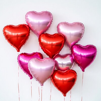 Cluster of red and pink heart balloons