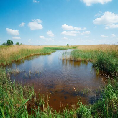 Reed-lined river in sunny marsh