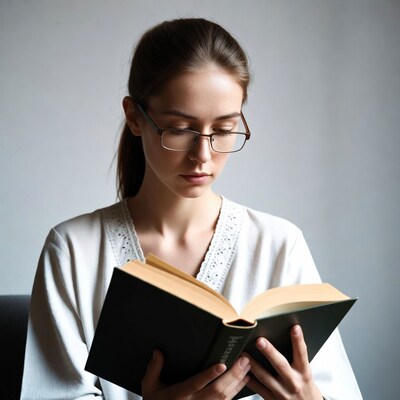 Woman reading book in glasses