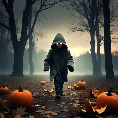 Boy in glowing hood walks Halloween forest path