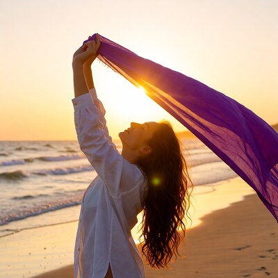 Woman holding purple scarf at sunset beach