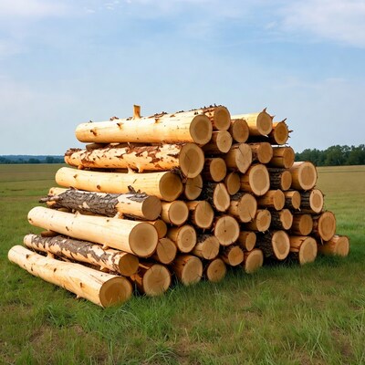 Stack of logs in grassy field