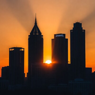 Atlanta skyline silhouetted at sunset