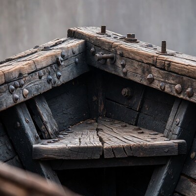 Rusty Bolts on Weathered Wooden Ship Corner