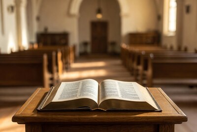 Open Bible on pulpit in church