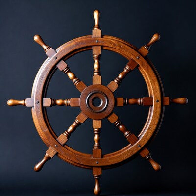 Wooden Ship's Wheel on Black Background