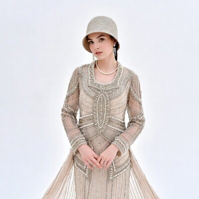 Woman in beaded 1920s flapper dress