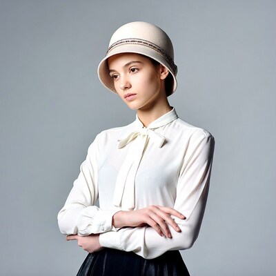 Woman in beige cloche hat arms crossed