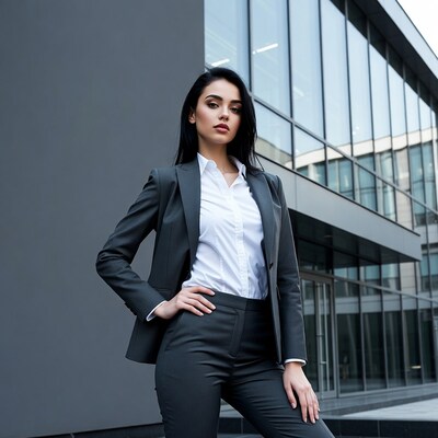 Business woman in gray suit outside building