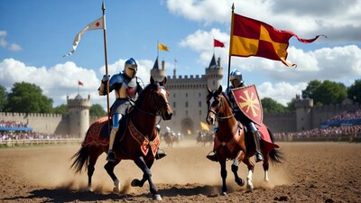 Knights on horseback jousting near castle