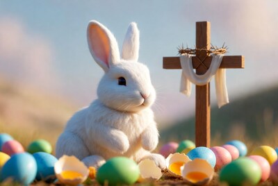 White Easter Bunny with Cross and Eggs