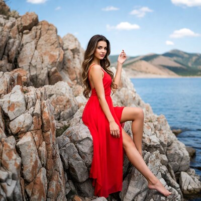Woman in red dress on lakeside rocks
