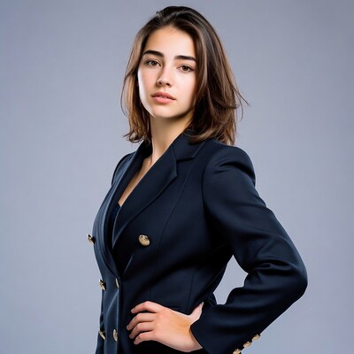 Young woman in navy blazer posing