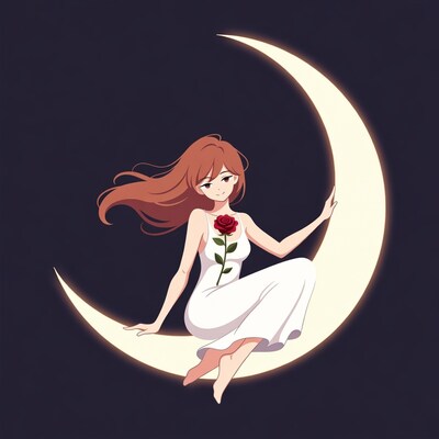 Anime girl sitting on moon with rose