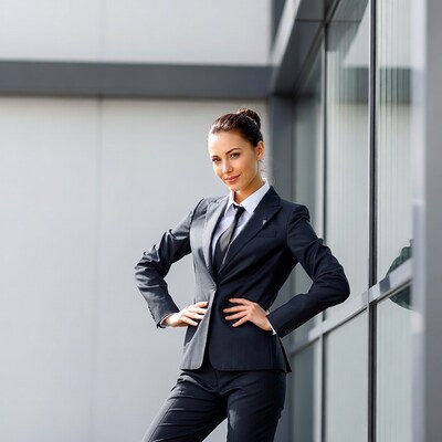 Business woman in suit hands on hips