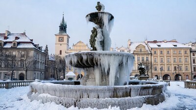 Icicle-Covered Fountain in Snowy Square