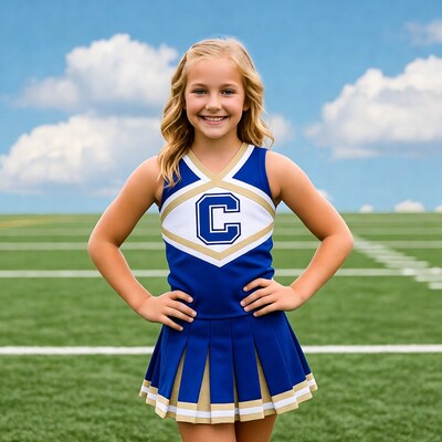 Blonde girl in cheerleader uniform on field