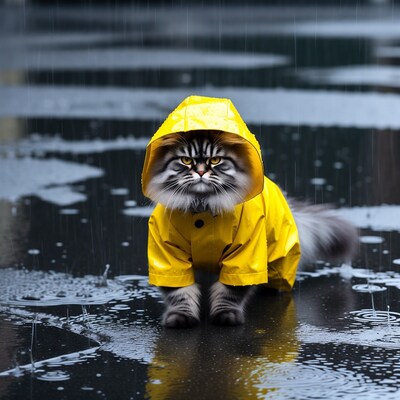 Persian Cat in Yellow Raincoat
