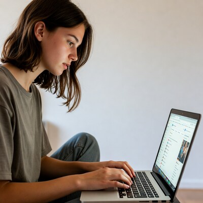 Teen girl typing on laptop
