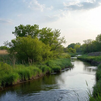 Serene river winding through green banks