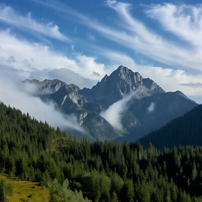Majestic Mountains with Fog and Forests