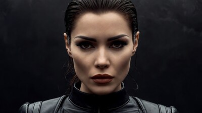 Woman in black leather jacket closeup
